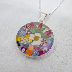 Flower jewelry, Miniature flowers set in acrylic and Sterling Silver, Large Round on an 18" sterling silver faceted bolitas chain.