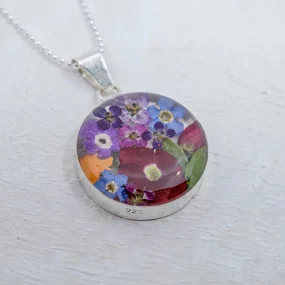 Flower jewelry, Miniature flowers set in acrylic and Sterling Silver, Round Medium on an 18" sterling silver faceted bolitas chain.